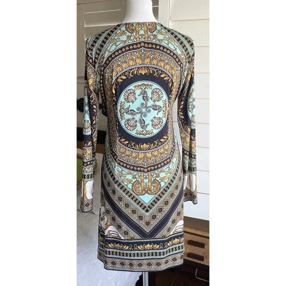 Hale Bob Shift Dress Women M Multicolor Geo Floral Equestrian Print Pullover L/S - Picture 2 of 11